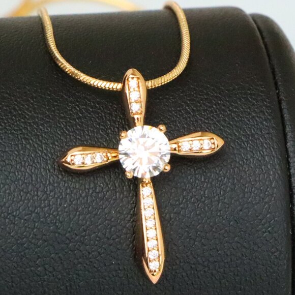 "Elegant Cross Pendant with Center Solitaire in Rose Gold Finish, XPPT1828 - Picture 1 of 13